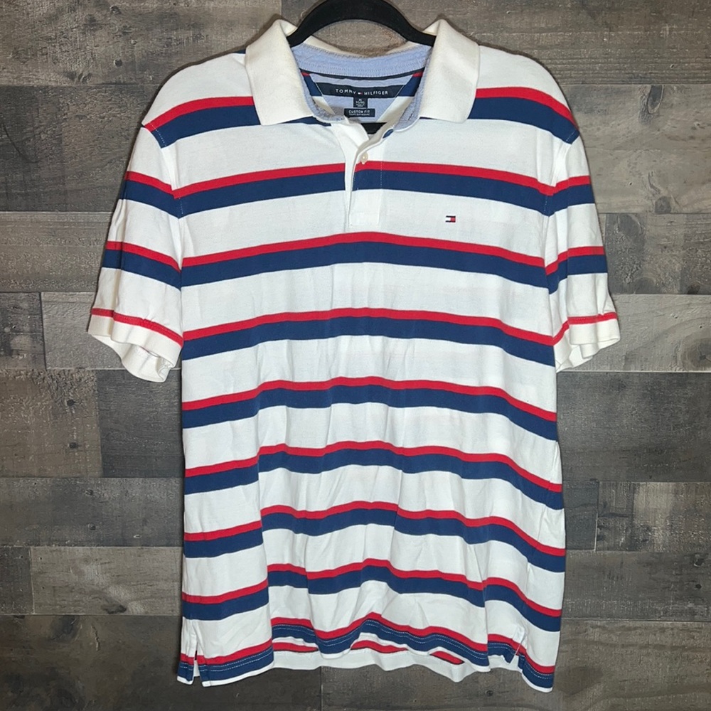 Tommy Hilfiger White with Red and Blue Stipes Polo Short Sleeve Shi…